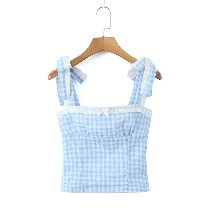 Women New Fashion Sweet Plaid Chic Lace Patchwork French Square Collar Backless Top