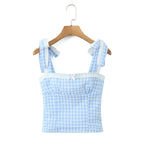 Women New Fashion Sweet Plaid Chic Lace Patchwork French Square Collar Backless Top