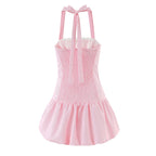 Stripes Tie Bow Halter Sling Satin Dress Women Low Waist Ball Gown Pleated