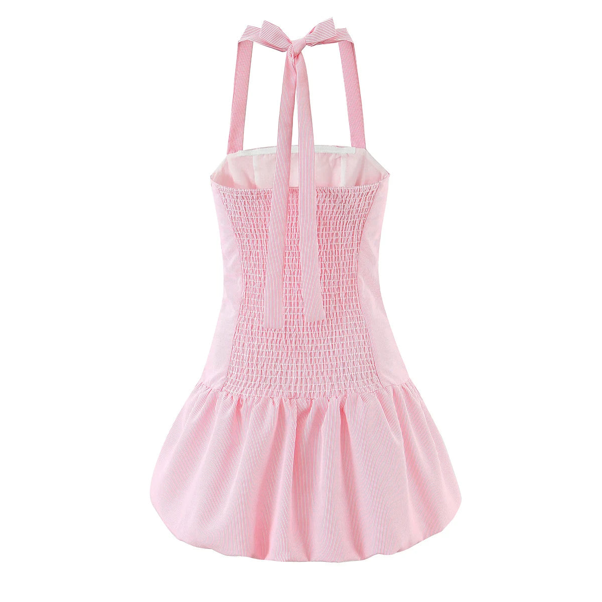 Stripes Tie Bow Halter Sling Satin Dress Women Low Waist Ball Gown Pleated