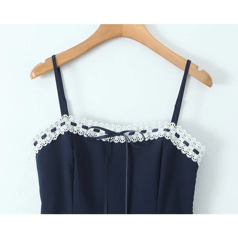 Lace Patchwork Sling Mini Dress For Women Sexy Low Waist Pleated Hem A-line