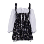 Floral Patchwork Mini Dress With Off Shoulder Square Collar Two Piece Look A Line