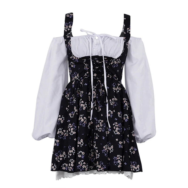 Floral Patchwork Mini Dress With Off Shoulder Square Collar Two Piece Look A Line