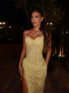Yellow Mermaid Lace Embroidery Prom Dress With Sequins Sleeveless Side High Split Evening Gown