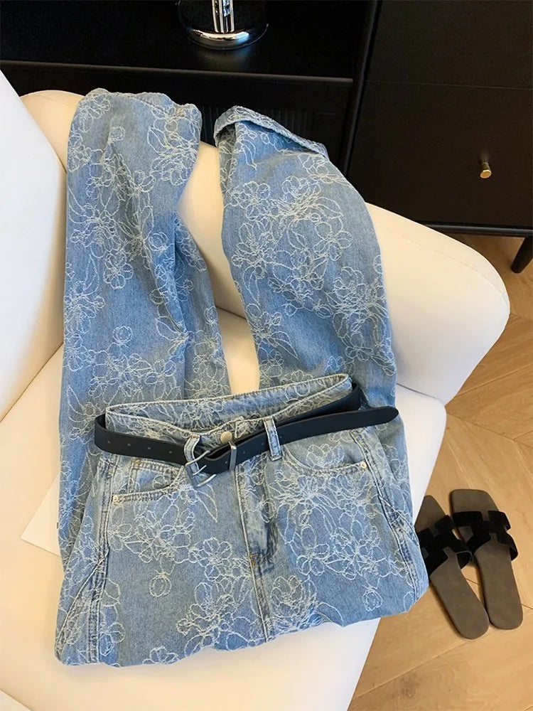 Embroidered Denim Wide Leg Jeans With Loose Fit