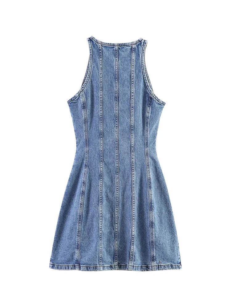 Casual Denim Mini Dress For Women Sleeveless Round Collar Single Breasted Slim Fit