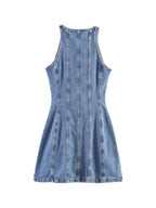 Casual Denim Mini Dress For Women Sleeveless Round Collar Single Breasted Slim Fit