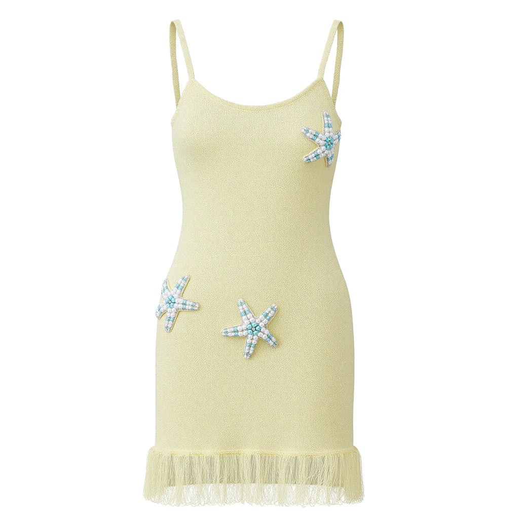 Beaded Starfish Knit Bodycon Mini Dress With Sequin Straps And Tassel Hem