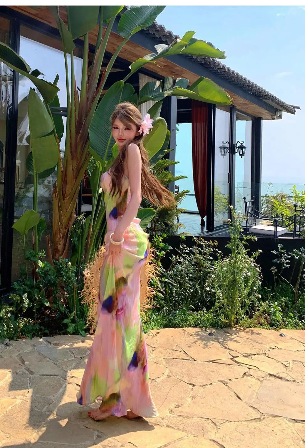 Pink Tie Dye Spaghetti Strap Maxi Dress For Beach Vacation Pleated Sleeveless Elegant Bodycon