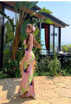 Pink Tie Dye Spaghetti Strap Maxi Dress For Beach Vacation Pleated Sleeveless Elegant Bodycon