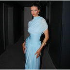 Blue Irregular Shawl Maxi Dress Slim Fit Pleated Turtleneck Elegant Evening