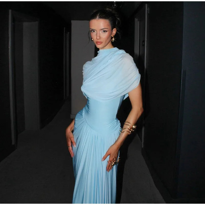 Blue Irregular Shawl Maxi Dress Slim Fit Pleated Turtleneck Elegant Evening