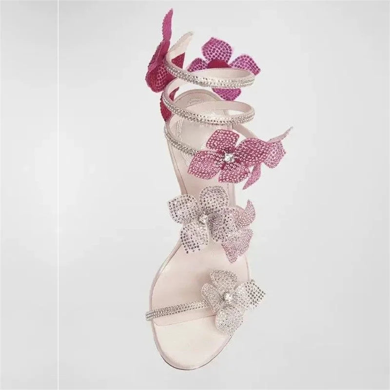 Crystal Flower High Heels With Ankle Strap Strappy Thin Sandals