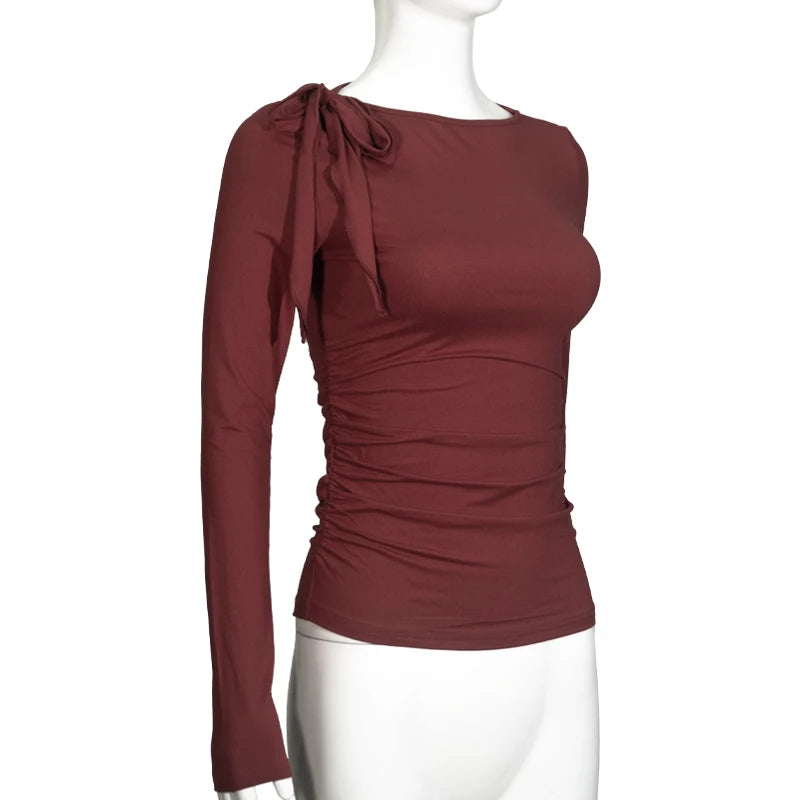 Long Sleeve Belted Top With Gathered Design
