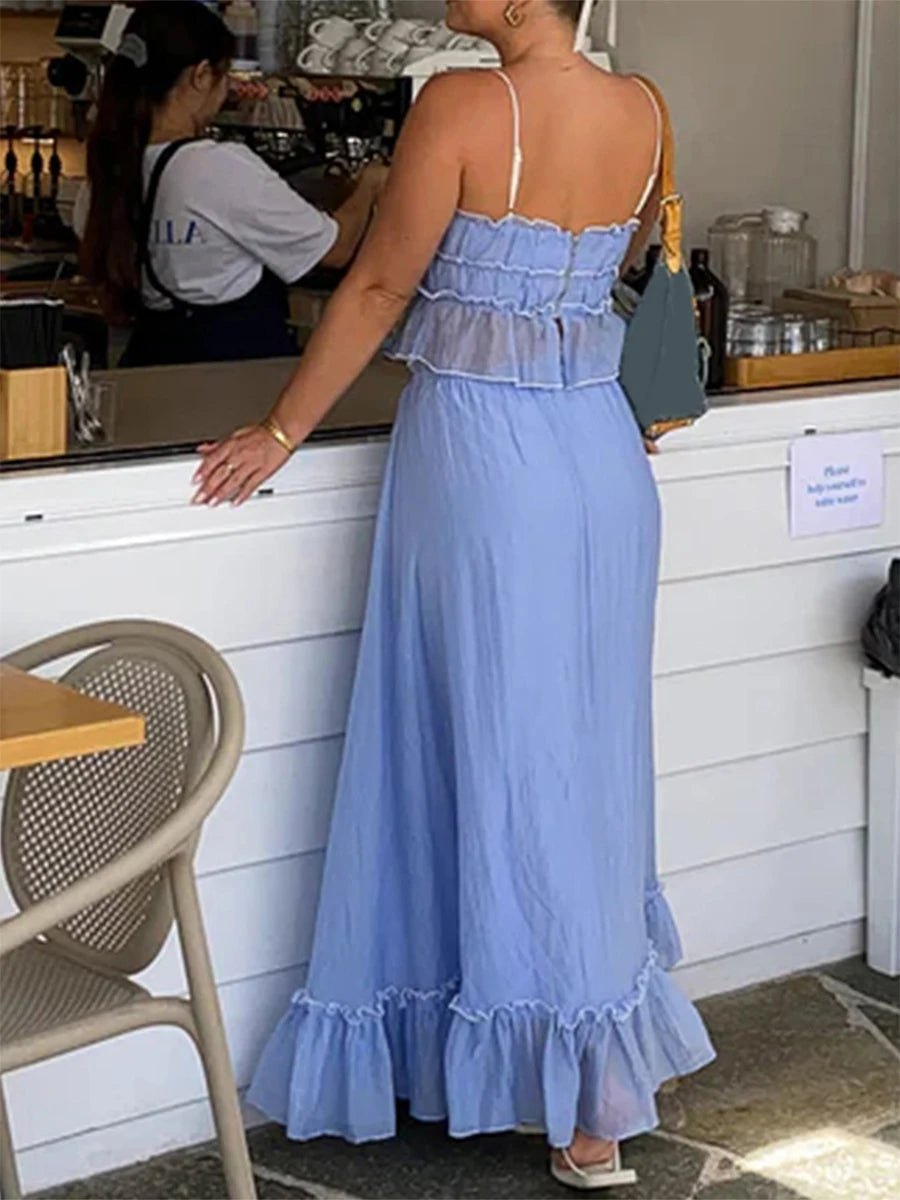 Patchwork Tie Up Camisole Set With Ruched Ruffle Maxi Skirt
