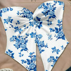 Floral Strapless Tube Top With Backless Design Tie Front And High Slit