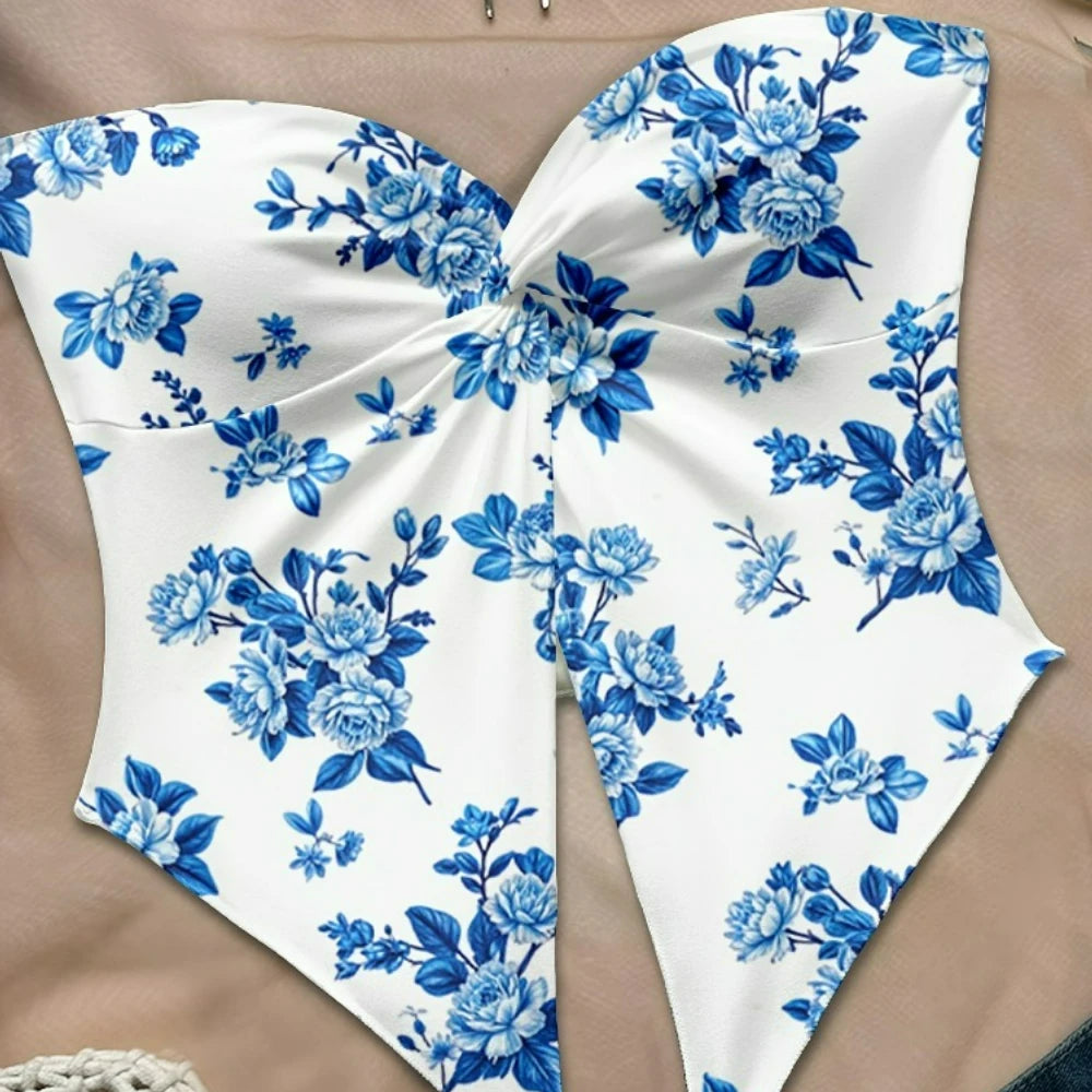 Floral Strapless Tube Top With Backless Design Tie Front And High Slit