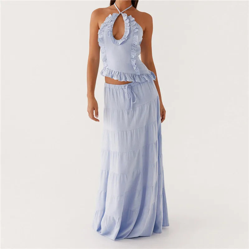 Two- piece Set With Ruched Maxi Skirt and Spaghetti Strap Halter Crop Top