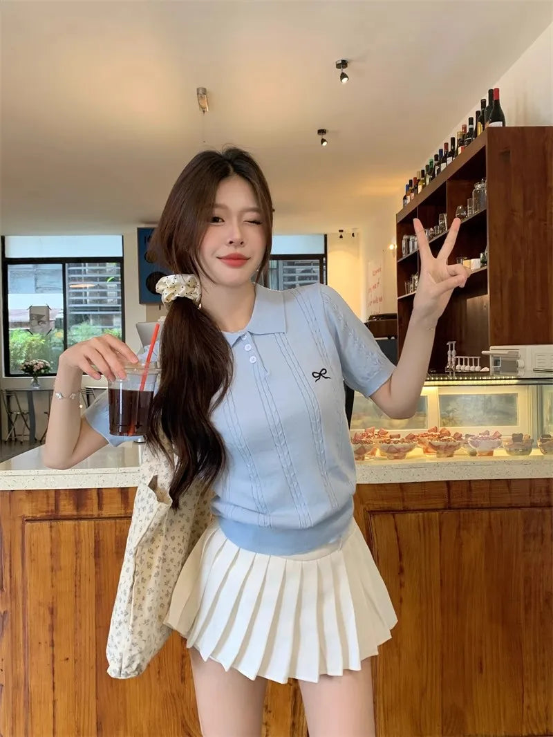 Sweet Bow Embroidered Knitted Polo Shirt For Women Short Sleeve