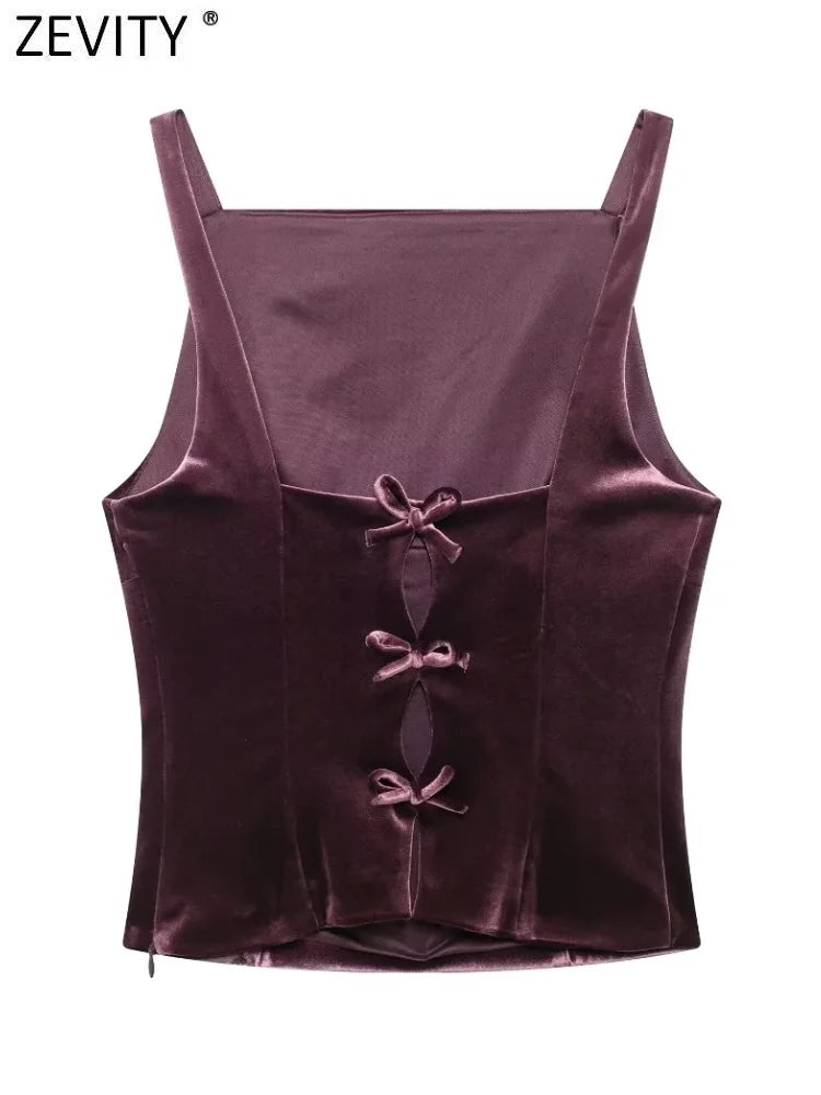 Velvet Spaghetti Strap Bow Back Blouse For Women Elegant Evening Top With Slim Tailored Fit