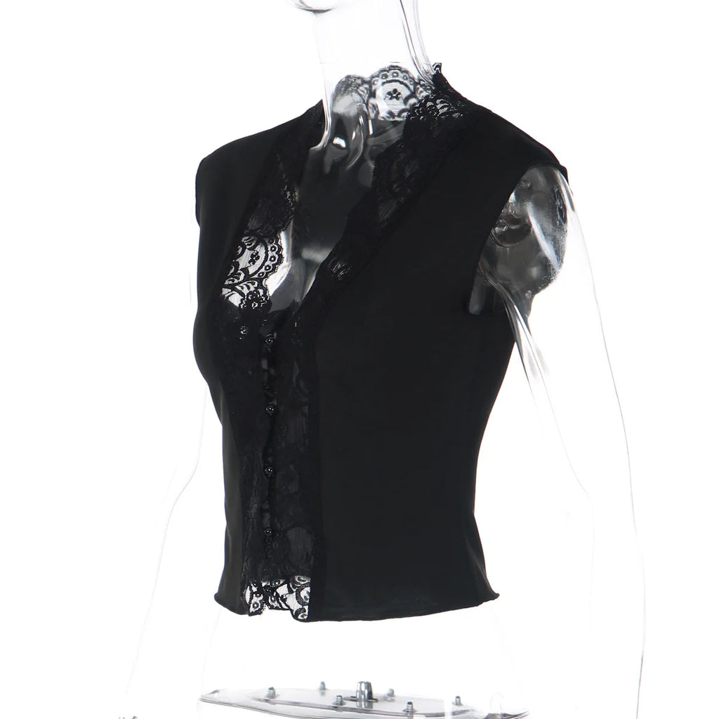 Flirty Lace Sheer V Neck Sleeveless Crop Top With Button Front Slim Fit