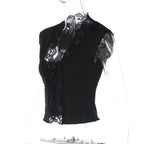 Flirty Lace Sheer V Neck Sleeveless Crop Top With Button Front Slim Fit