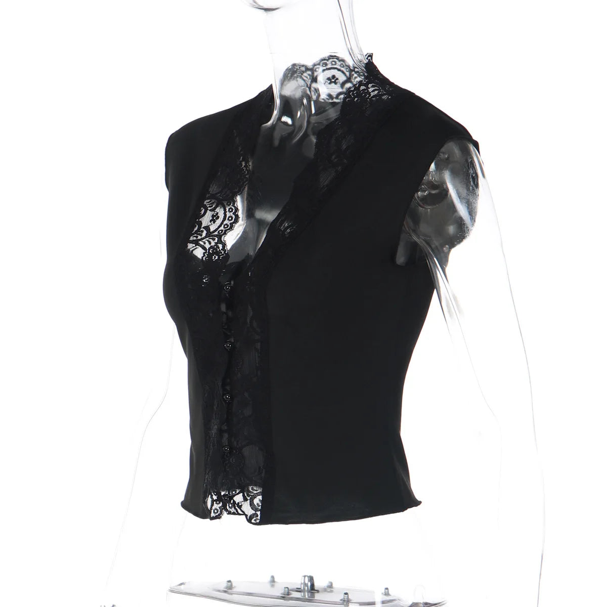 Flirty Lace Sheer V Neck Sleeveless Crop Top With Button Front Slim Fit