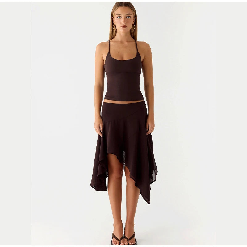 Soft Ruffle High Waist Midi Skirt With Asymmetrical Hem
