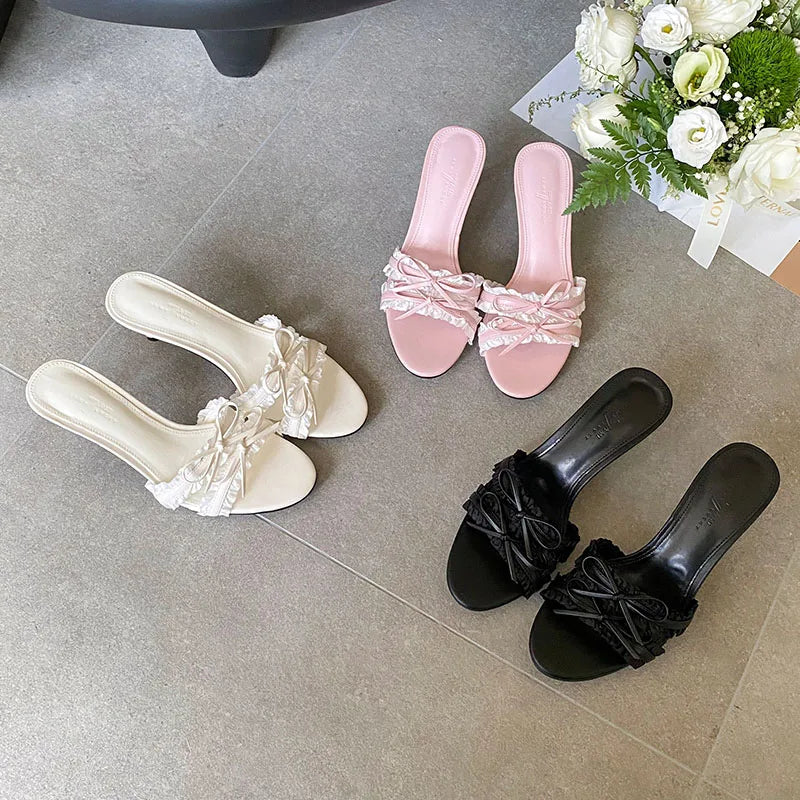 Butterfly Knot Heeled Slippers For Women Round Toe Slip On Sandals With Slim Heels