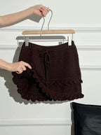 Patchwork Knit Mini Skirt With High Waist Ruffle And Hollow Out Details