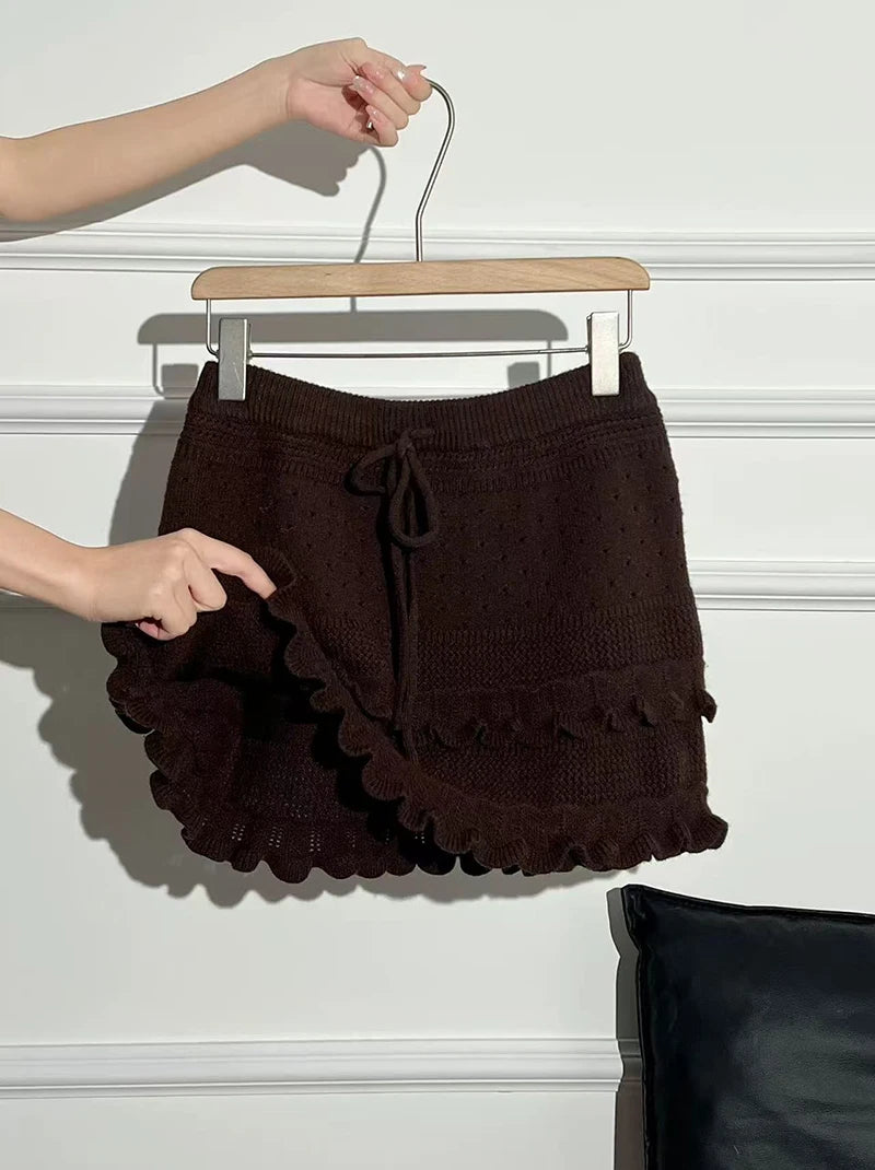 Patchwork Knit Mini Skirt With High Waist Ruffle And Hollow Out Details