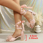 Sweet Lace Up Bowknot Satin Pink Sandals Ankle Strap Heels