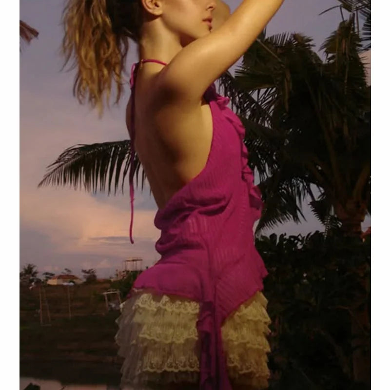 Retro Halter Top With Backless Ruffle Hem Detail Sleeveless