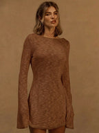 A Line Knit Mini Dress With Slash Neck And Bell Sleeves