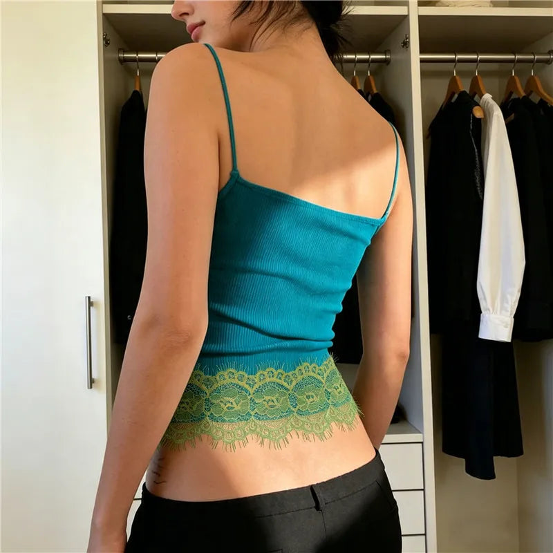 Lace Trim Spaghetti Strap Camisole With Front Button V Neck