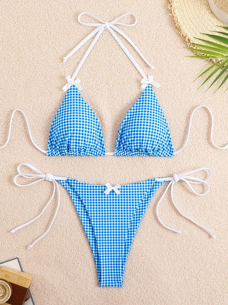 Plaid Dot Swimsuit With Neck Bow Tie Vintage Beachwear