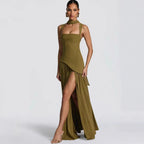 Elegant Off-Shoulder Evening Gown With Patchwork Pleats And Scarf Neck High Split Long Dress