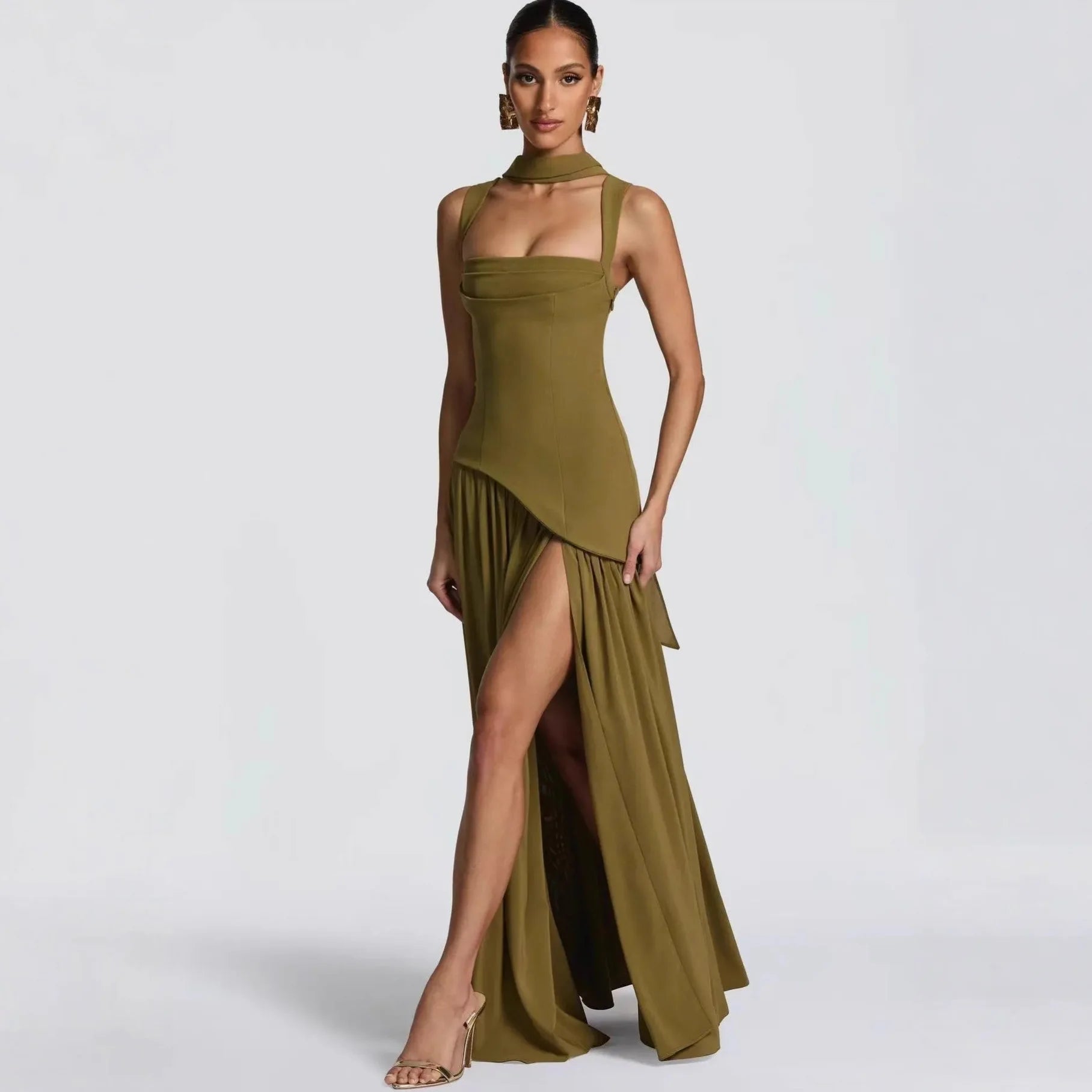 Elegant Off-Shoulder Evening Gown With Patchwork Pleats And Scarf Neck High Split Long Dress