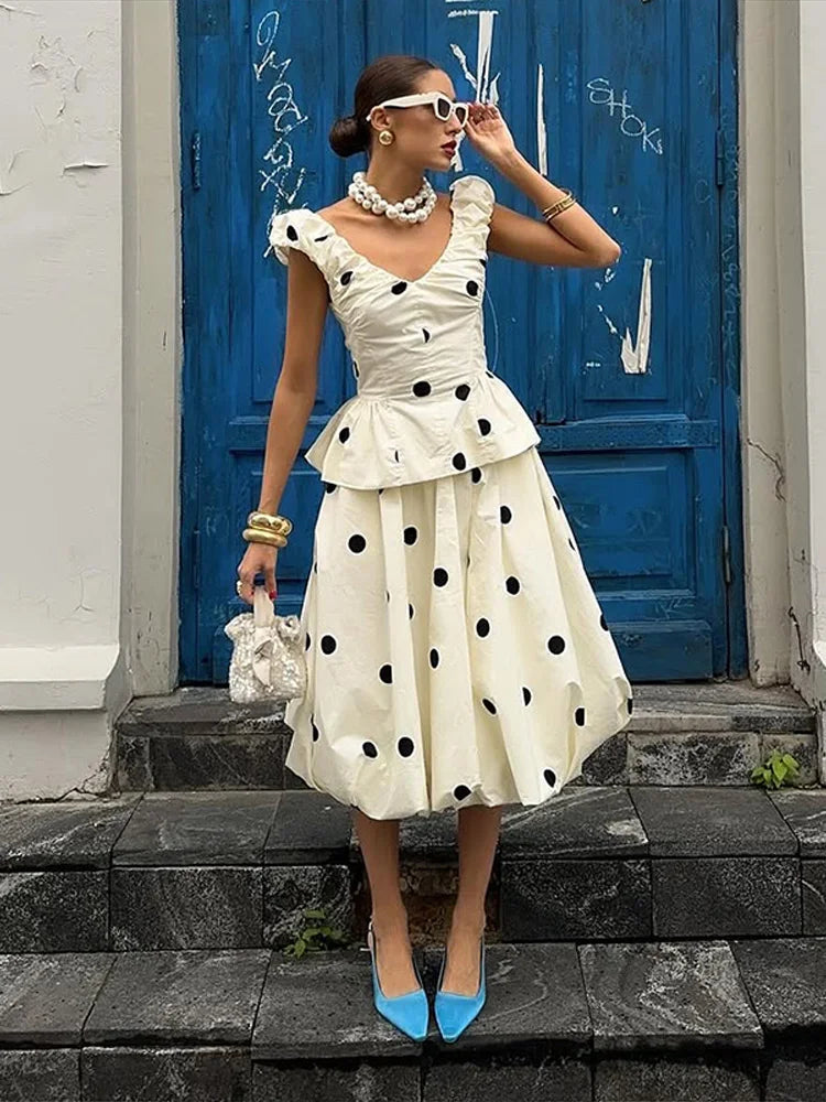 Fashion Women's Lady Suit Halter A-line Tops Bud Loose Skirt Polka Dot Set