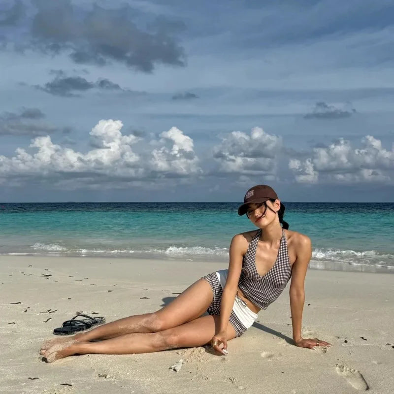 Checkered V Neck One Piece Swimsuit With Belly Coverage And Open Back