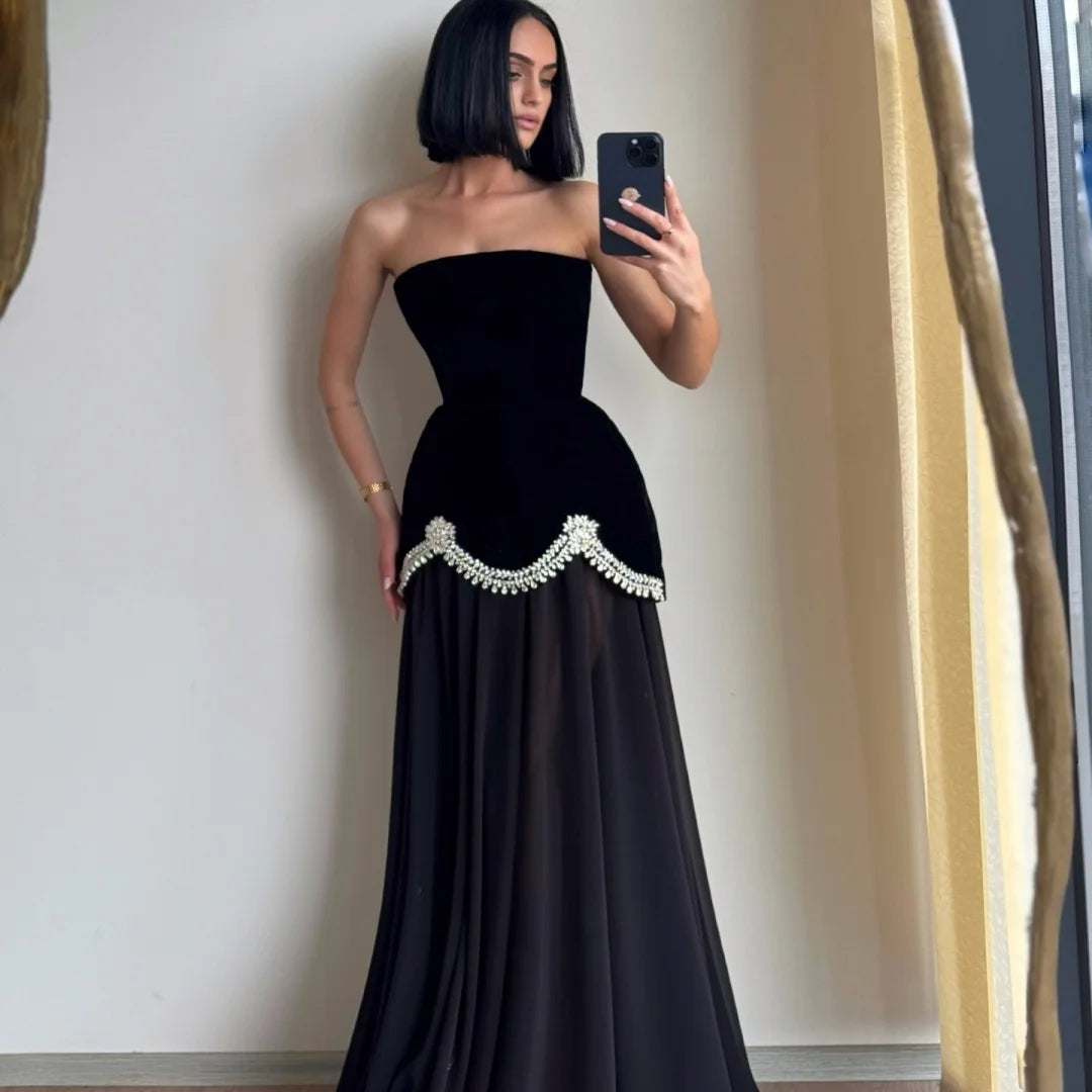 Midnight Glitter Strapless Backless Gown For Prom In Floor Length A Line