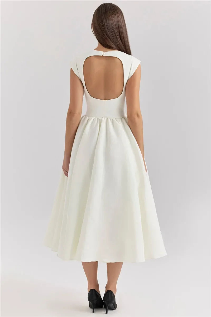 Chic Circle Cutout Back Midi Dress With Fluffy Hem