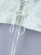 Floral Corset Style Crop Top With Cross Lacing And Ruffle Square Collar Three Quarter Sleeve