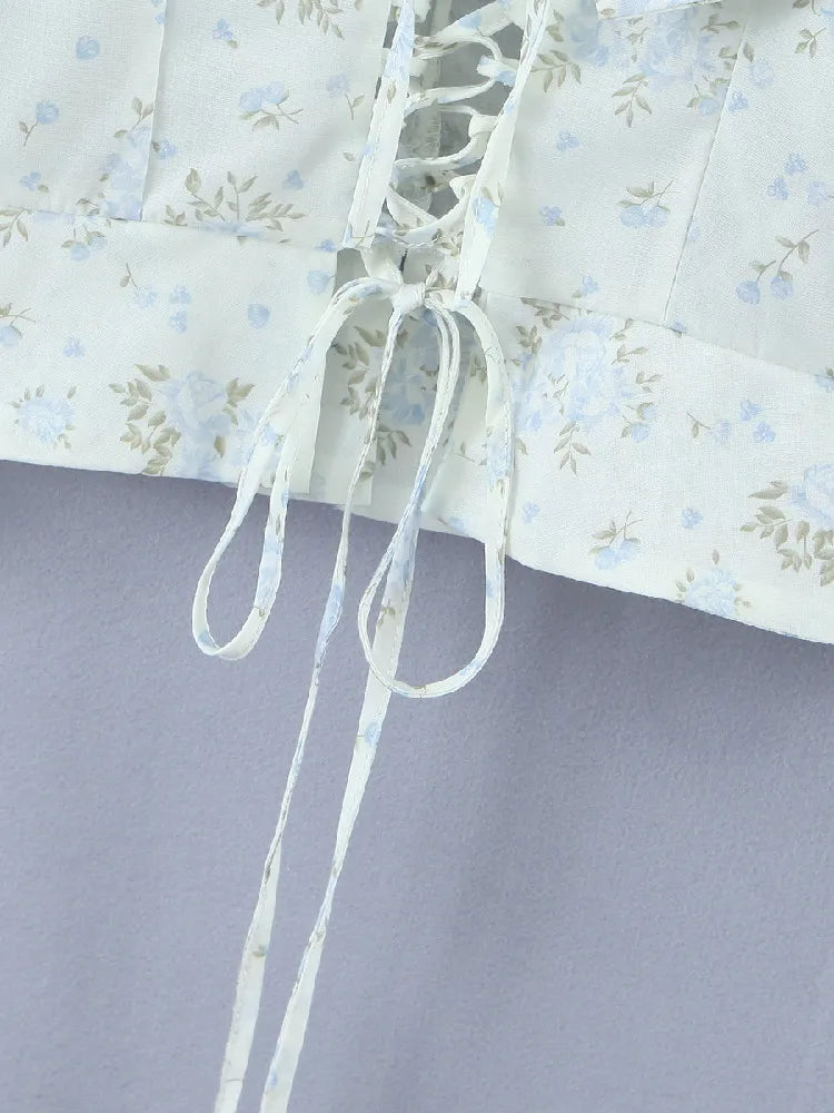 Floral Corset Style Crop Top With Cross Lacing And Ruffle Square Collar Three Quarter Sleeve