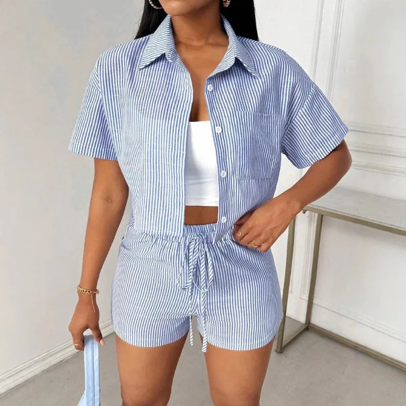Striped Lapel Shirt And Shorts Two Piece Set