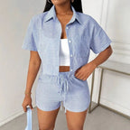 Striped Lapel Shirt And Shorts Two Piece Set