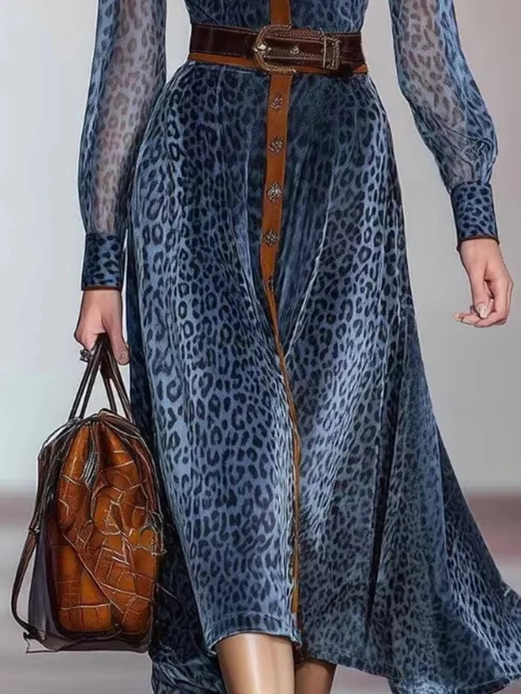 Leopard Print Mesh Dress With Colorblock Panels Elegant Vintage Long Sleeve