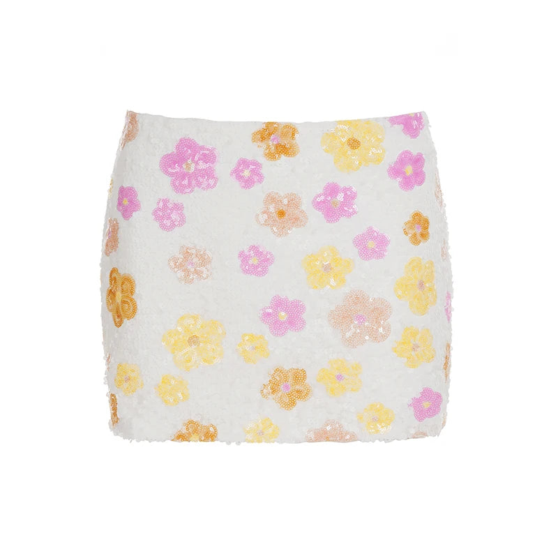 Colorful Floral Sequin Mini Skirt Low Waist Bodycon