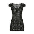 Sheer Lace Mini Dress With V Neck Short Sleeves Hollow Details