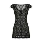 Sheer Lace Mini Dress With V Neck Short Sleeves Hollow Details